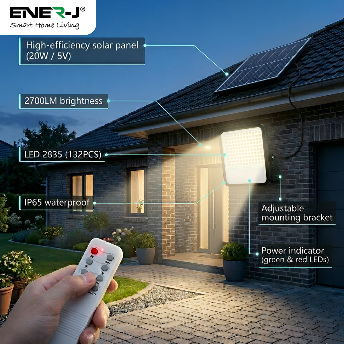 Smart home outdoor light with solar panel and remote control, featuring Ener-J branding.