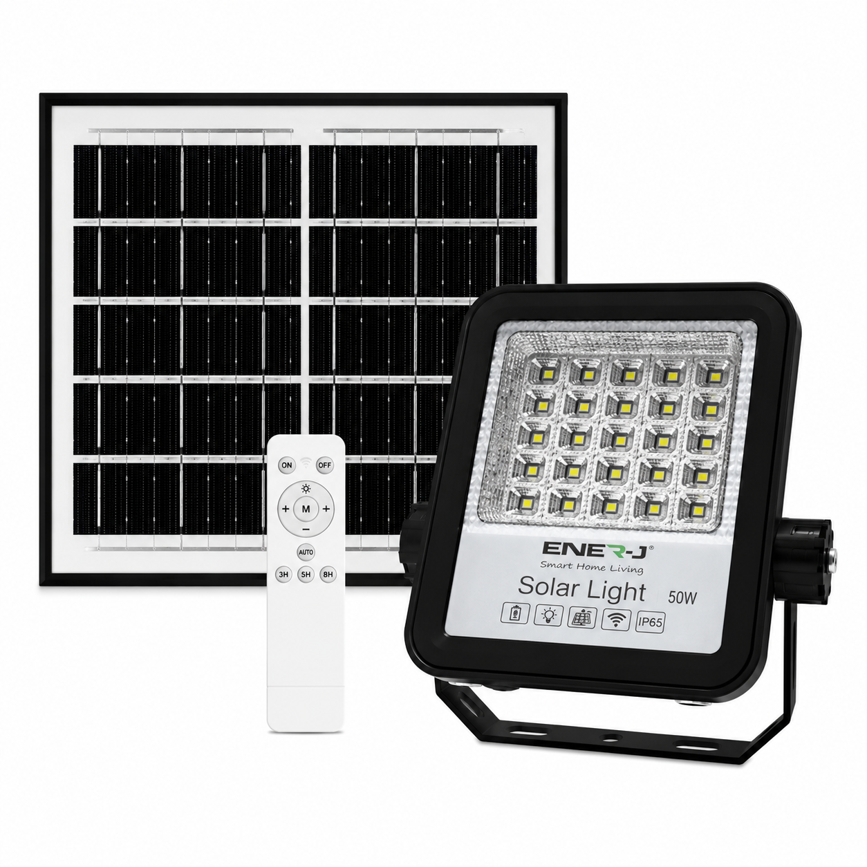 ENER-J 50W solar LED floodlight with solar panel and remote control on white background