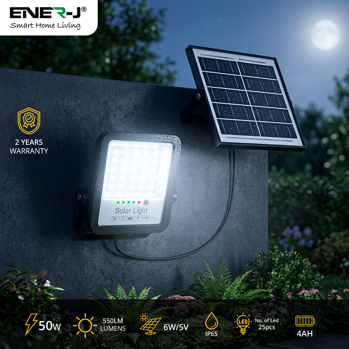 ENER-J 50W solar LED floodlight with solar panel and waterproof IP65 outdoor security lighting
