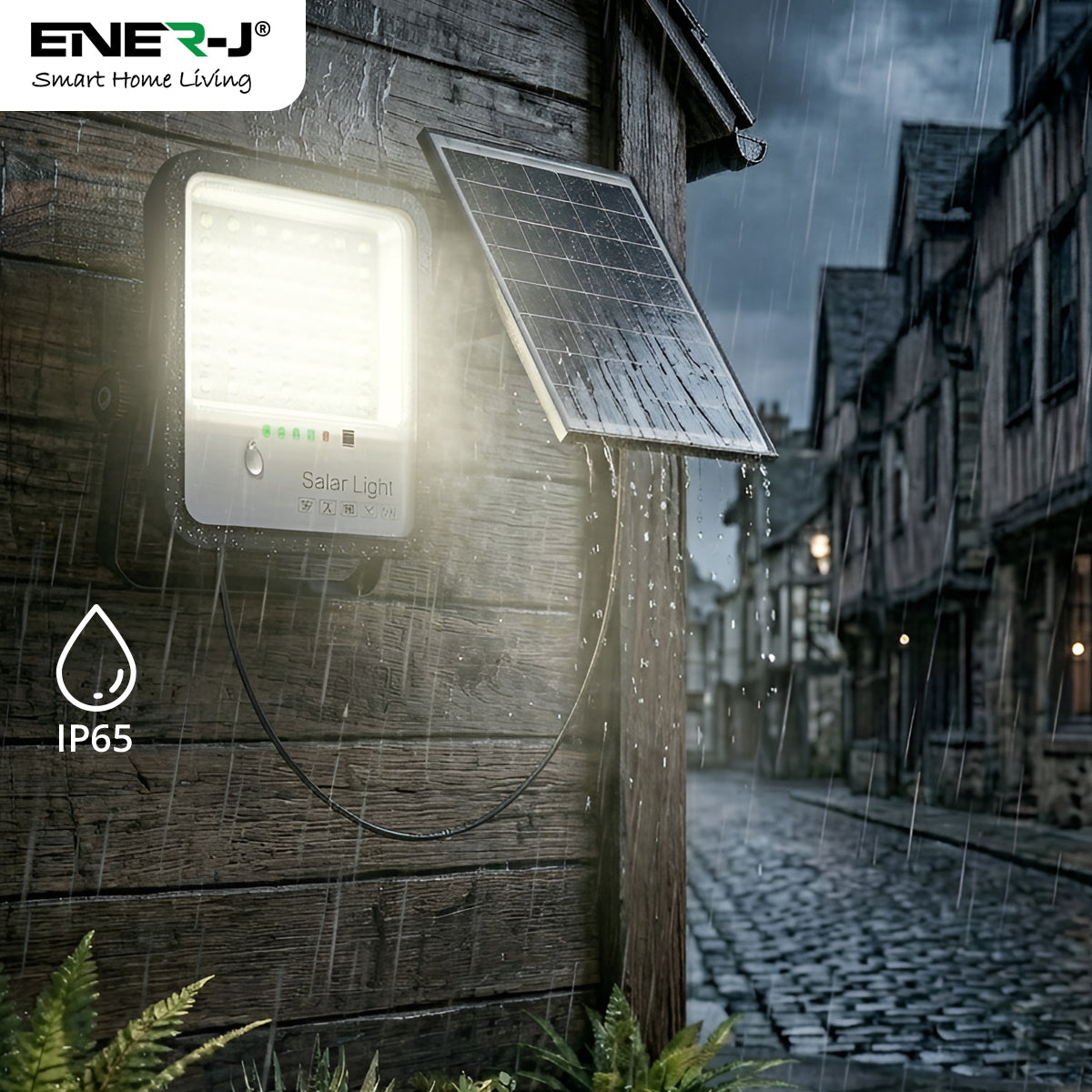 ENER-J IP65 waterproof solar LED floodlight working outdoors in rainy weather