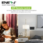 Woman using a smartphone with Ener-J smart home living app in a modern living room.