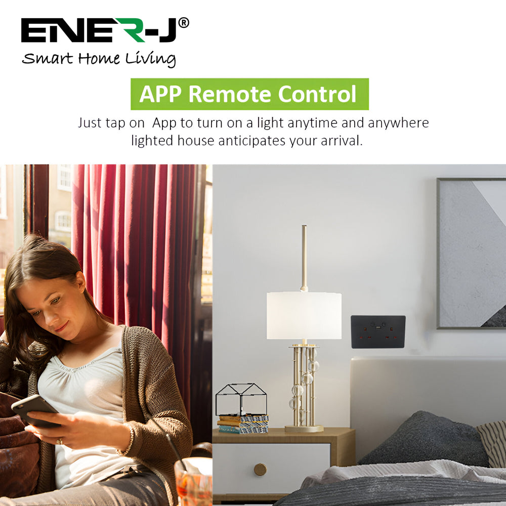 Woman using a smartphone with Ener-J smart home living app in a modern living room.