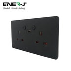 Black wall socket with USB port and Ener-J branding on a white background