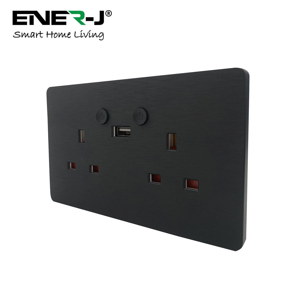 Black wall socket with USB port and Ener-J branding on a white background