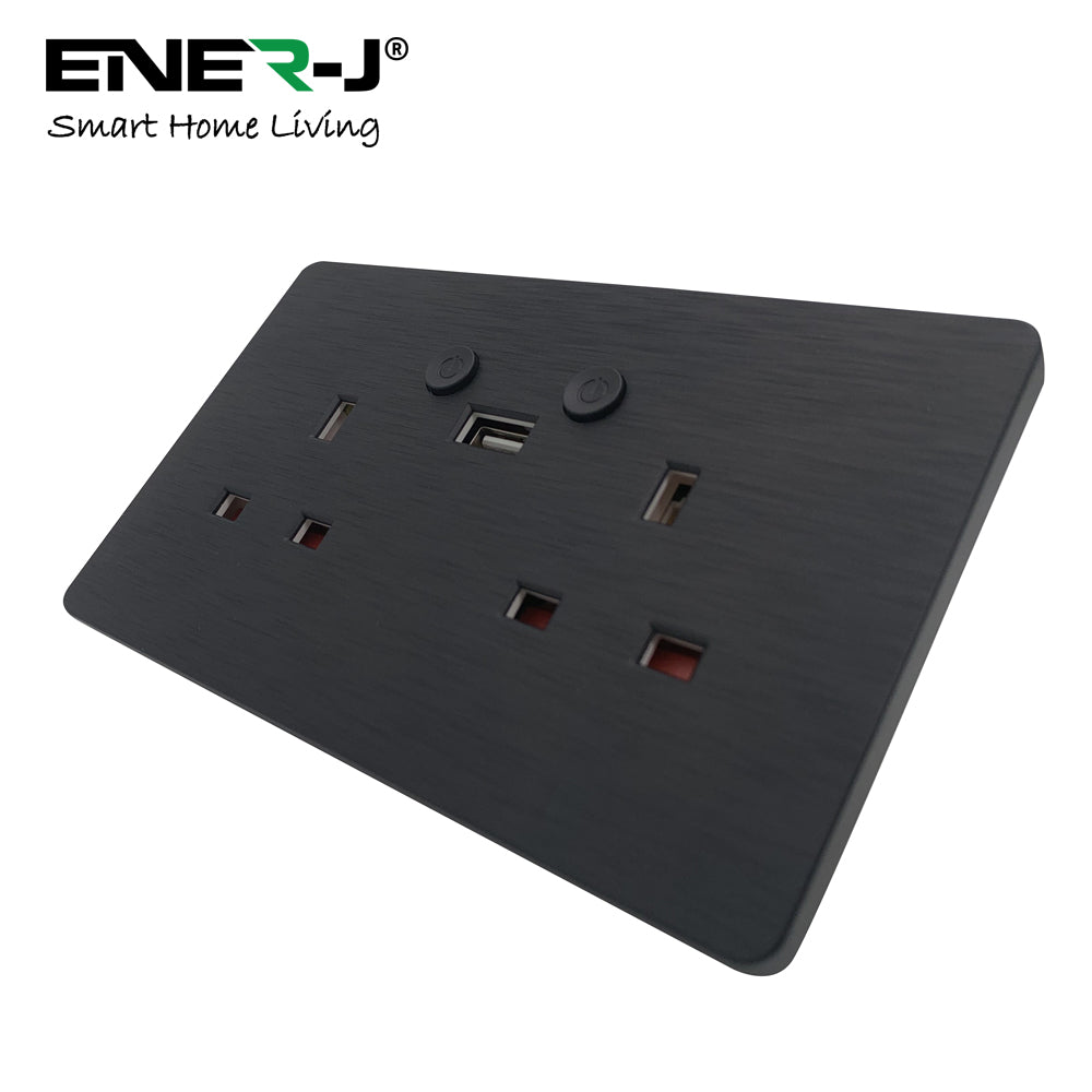 Top angle view of ENER-J smart black double wall socket with USB charging port