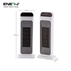 Front and back design features of ENER-J smart PTC ceramic heater with digital display, touch controls and air intake system