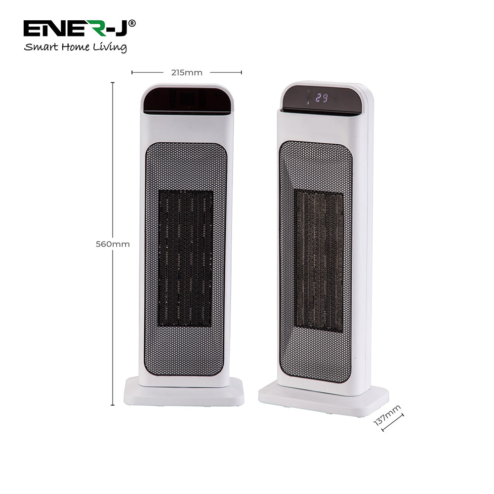 Front and back design features of ENER-J smart PTC ceramic heater with digital display, touch controls and air intake system