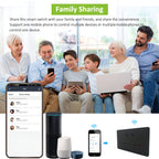 Family sharing smart switch technology with smartphone app and home devices.