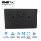 Black electrical socket with USB port and Ener-J branding on a white background