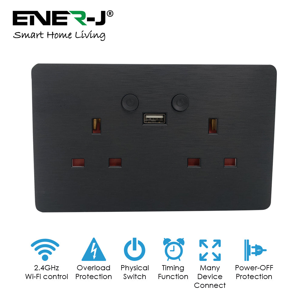 Black electrical socket with USB port and Ener-J branding on a white background