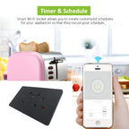 Smart Wi-Fi socket with smartphone app control, pink toaster, and kitchen background.