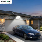 ENER-J solar LED floodlight illuminating house garage and driveway at night