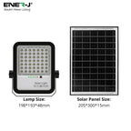 Solar light and solar panel with dimensions labeled, featuring Ener-J branding.