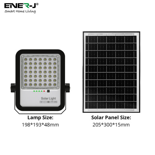Solar light and solar panel with dimensions labeled, featuring Ener-J branding.