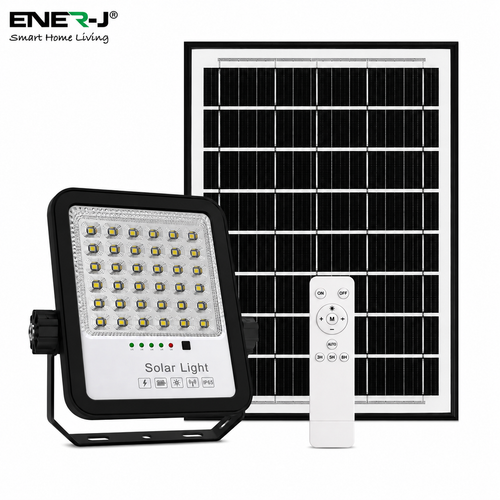 ENER-J solar LED floodlight with solar panel and remote control on white background