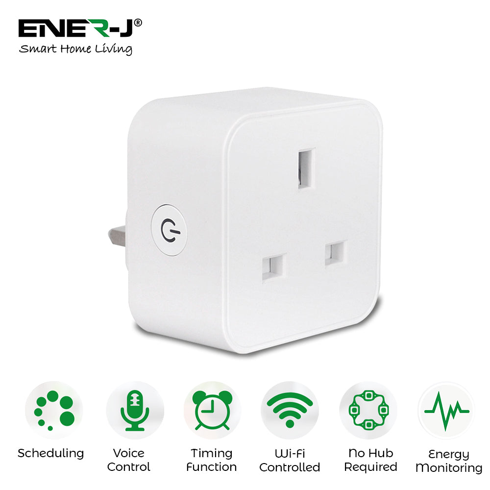 ENER-J WiFi smart plug UK with energy monitoring, app control, Alexa and Google Assistant voice control for smart home automation