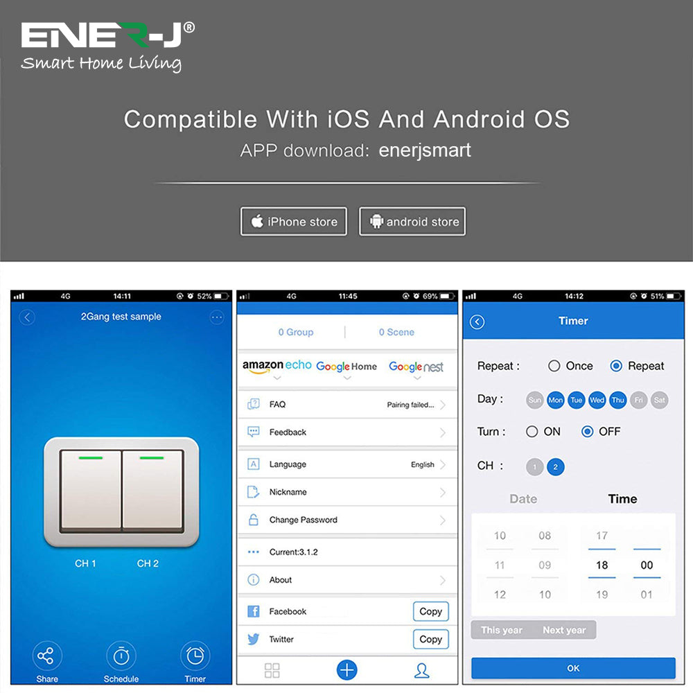 ENERJSMART mobile app interface for iOS and Android smart socket scheduling and control