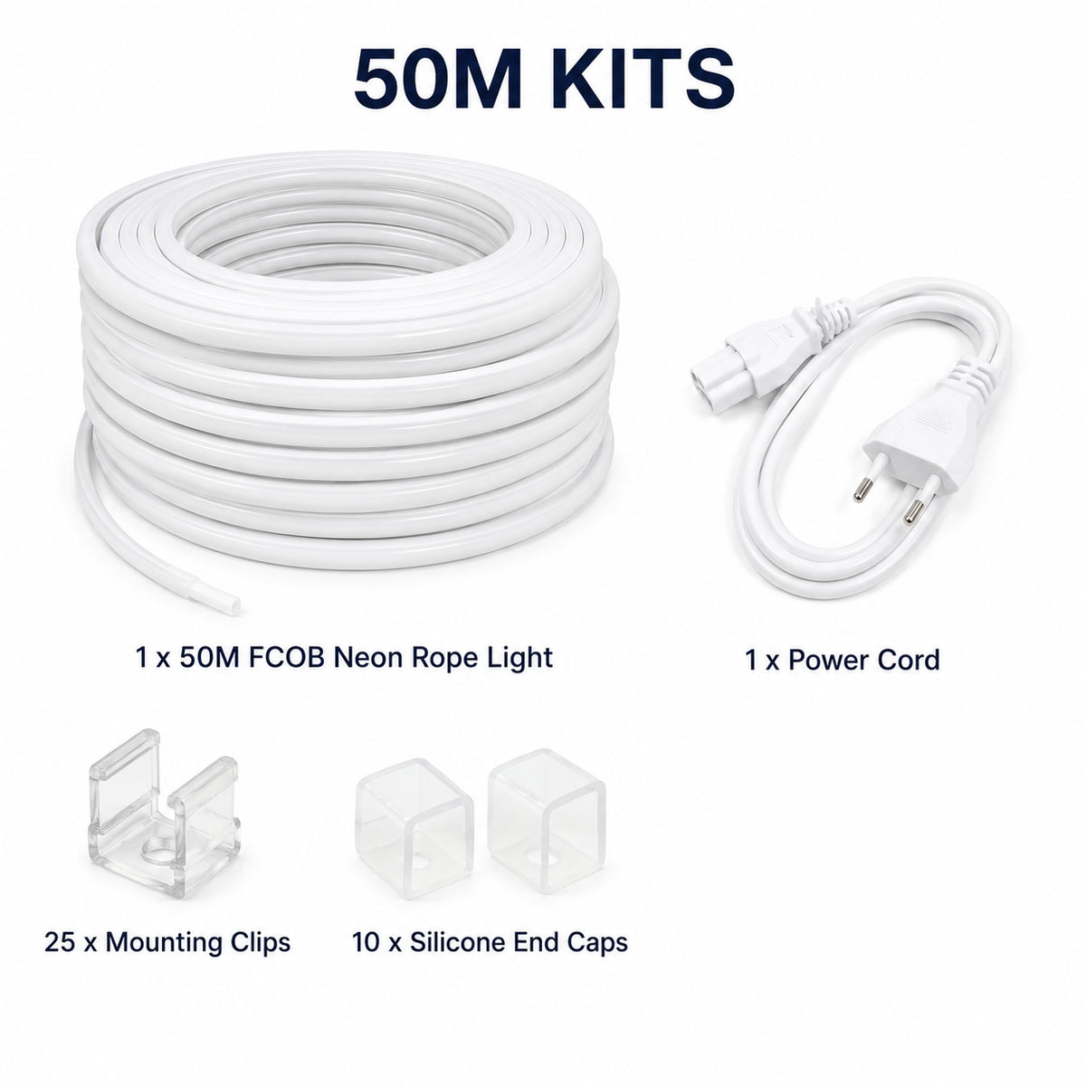 50M FCOB Neon Rope Light Kit, 10W/M, 800Lm/M, 4000K