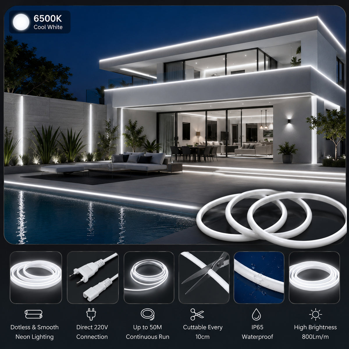 50M FCOB Neon Rope Light Kit, 10W/M, 800Lm/M, 6500K