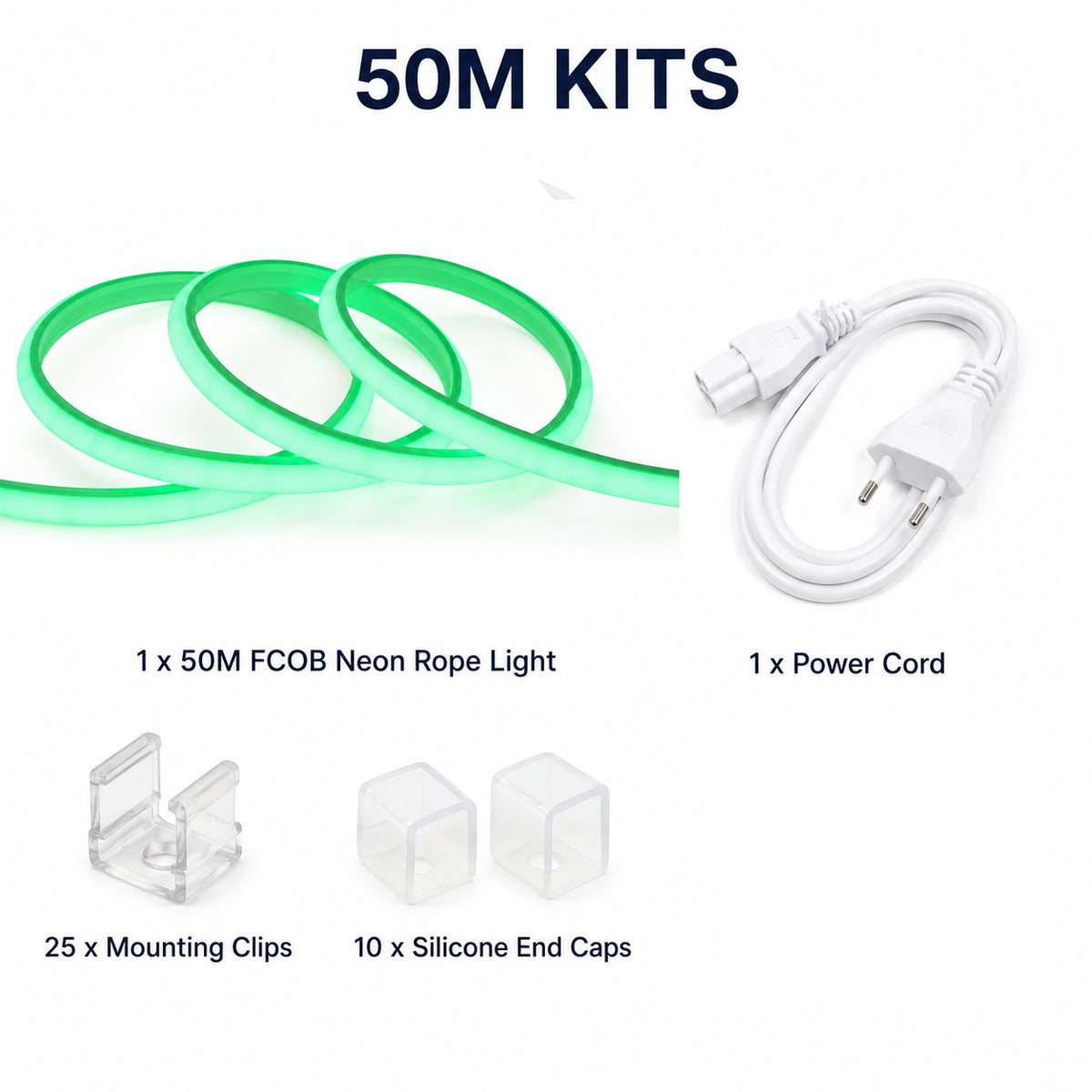 50M FCOB Neon Rope Light Kit, 10W/M, 800Lm/M, Green
