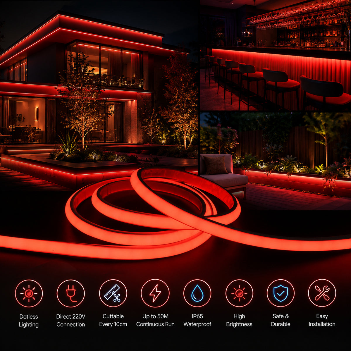 50M FCOB Neon Rope Light Kit, 10W/M, 800Lm/M, Red