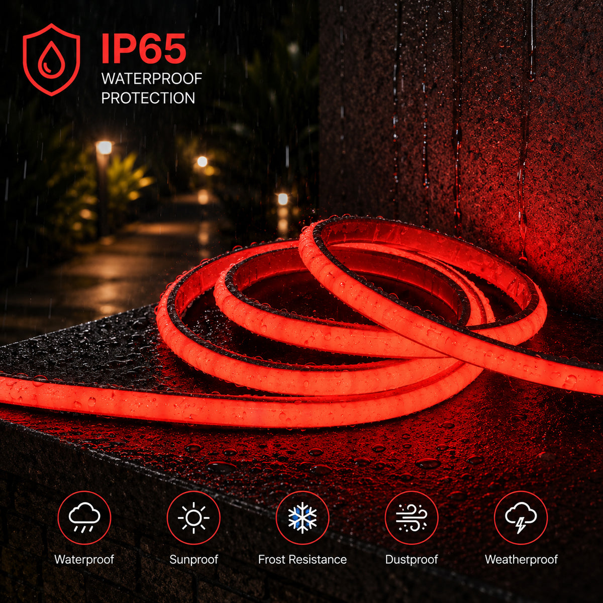 50M FCOB Neon Rope Light Kit, 10W/M, 800Lm/M, Red