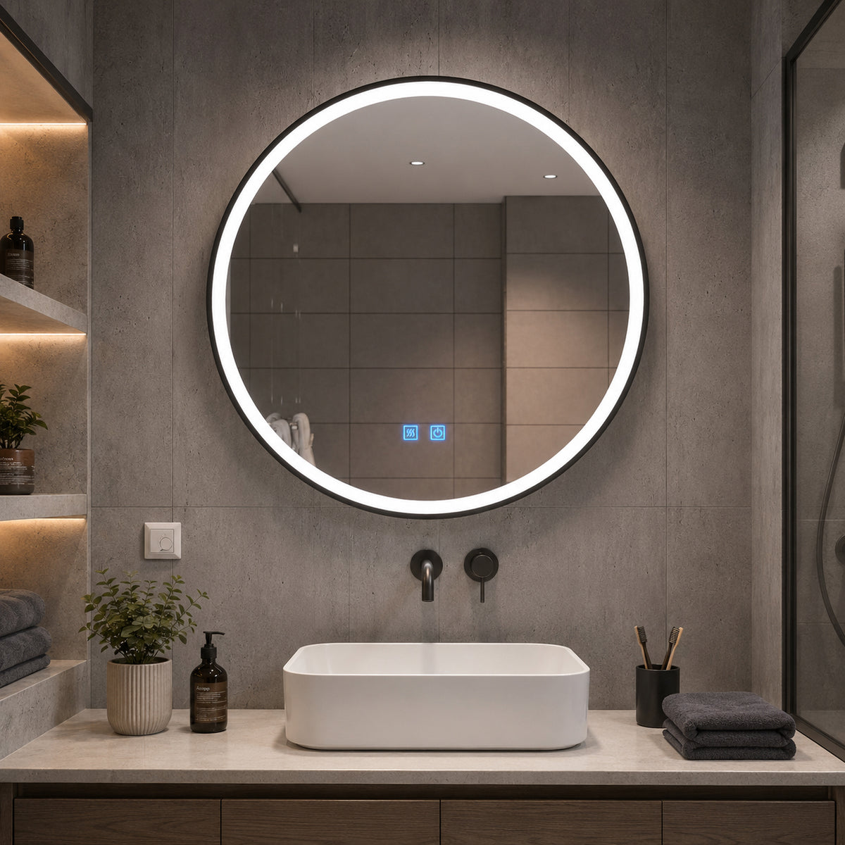 ENER-J Round LED Bathroom Mirror 700mm – Black Aluminium Frame, Backlit, 3 Colour Dimmable Light, Anti-Fog, Touch Sensor