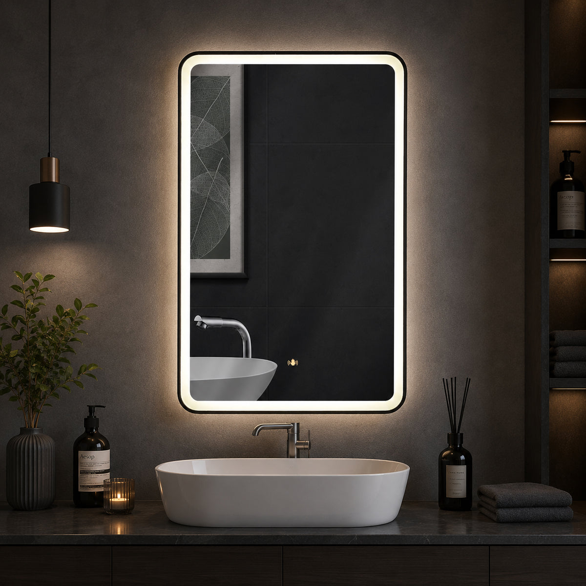 ENER-J Black Framed LED Bathroom Mirror 600x800mm – Hand Wave Sensor, 3 Colour Dimmable Front Light, Anti-Fog Demister, Aluminium Frame