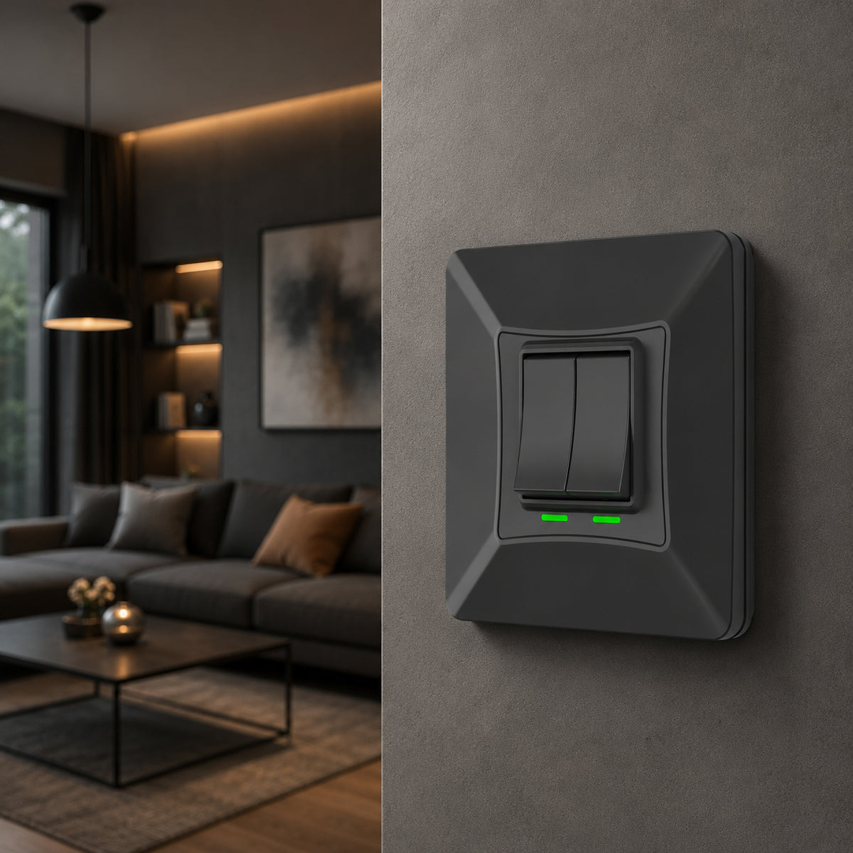 2 Gang Self-Powered Wireless Grid Switch with Backplate – Black Finish (Eco Series)