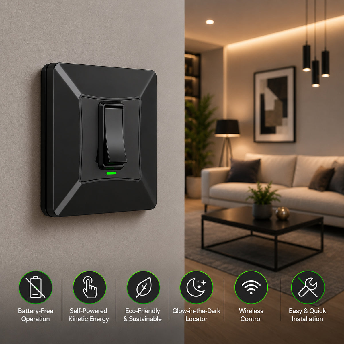 1 Gang Self-Powered Wireless Grid Switch with Backplate – Black Finish (Eco Series)