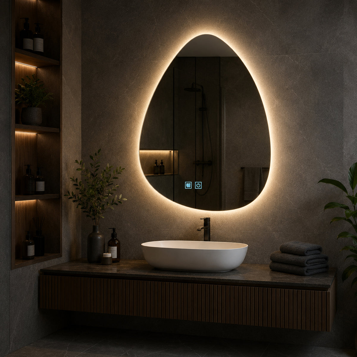 An oval LED-backlit bathroom mirror mounted on a textured gray wall above a floating wooden vanity with a white vessel sink, shown in a modern bathroom setting.