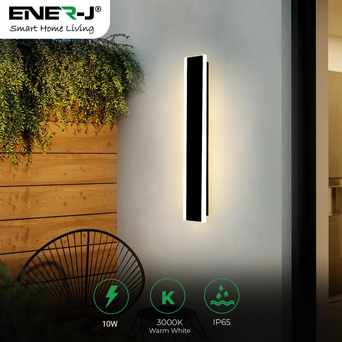 Ener-J Outdoor Acrylic Wall Light Warm White 10W IP65 Waterproof LED Wall Lamp 30 x 8cm Modern Exterior Lighting for Garden, Patio & Entrance