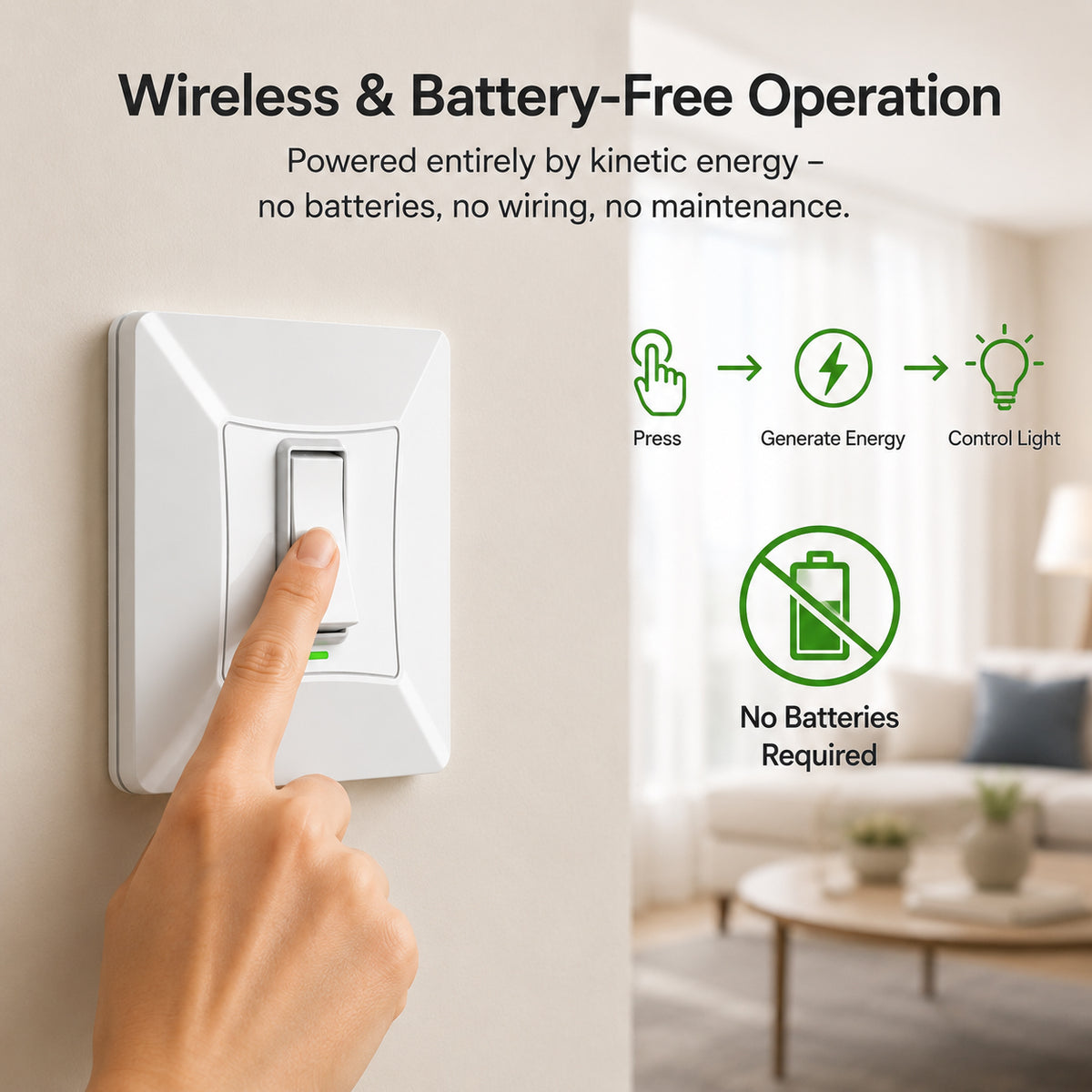 1 Gang Self-Powered Wireless Grid Switch with Backplate – White Finish (Eco Series)