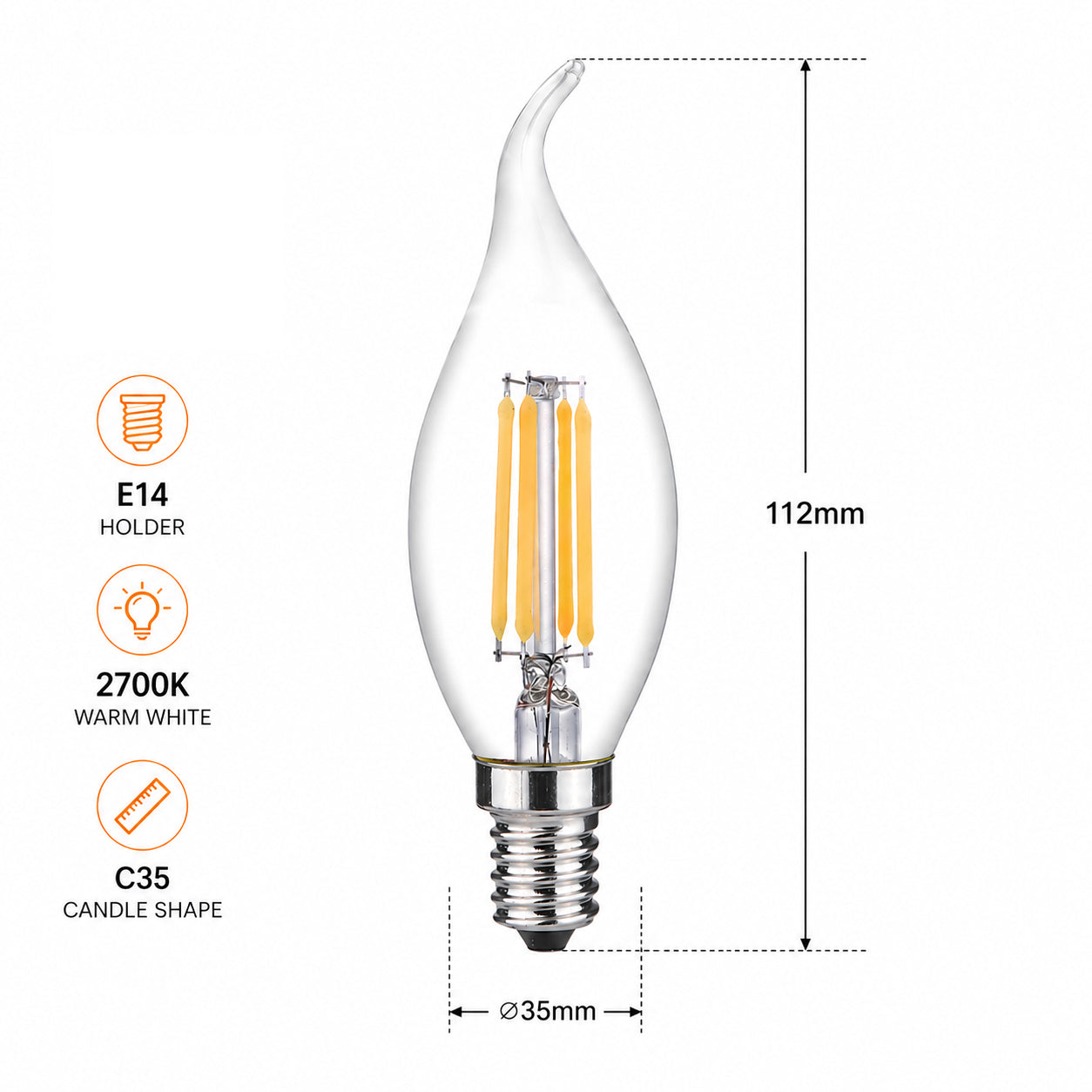 4W LED Filament Candle C35 Bulb, E14 Holder, 2700K - Pack of 10