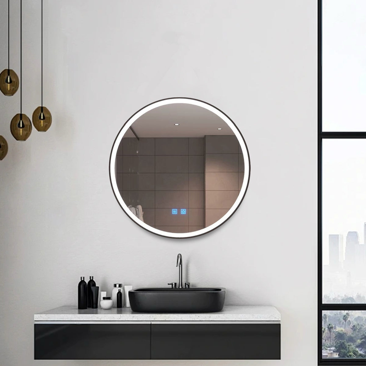 ENER-J Round LED Bathroom Mirror 700mm – Black Aluminium Frame, Backlit, 3 Colour Dimmable Light, Anti-Fog, Touch Sensor