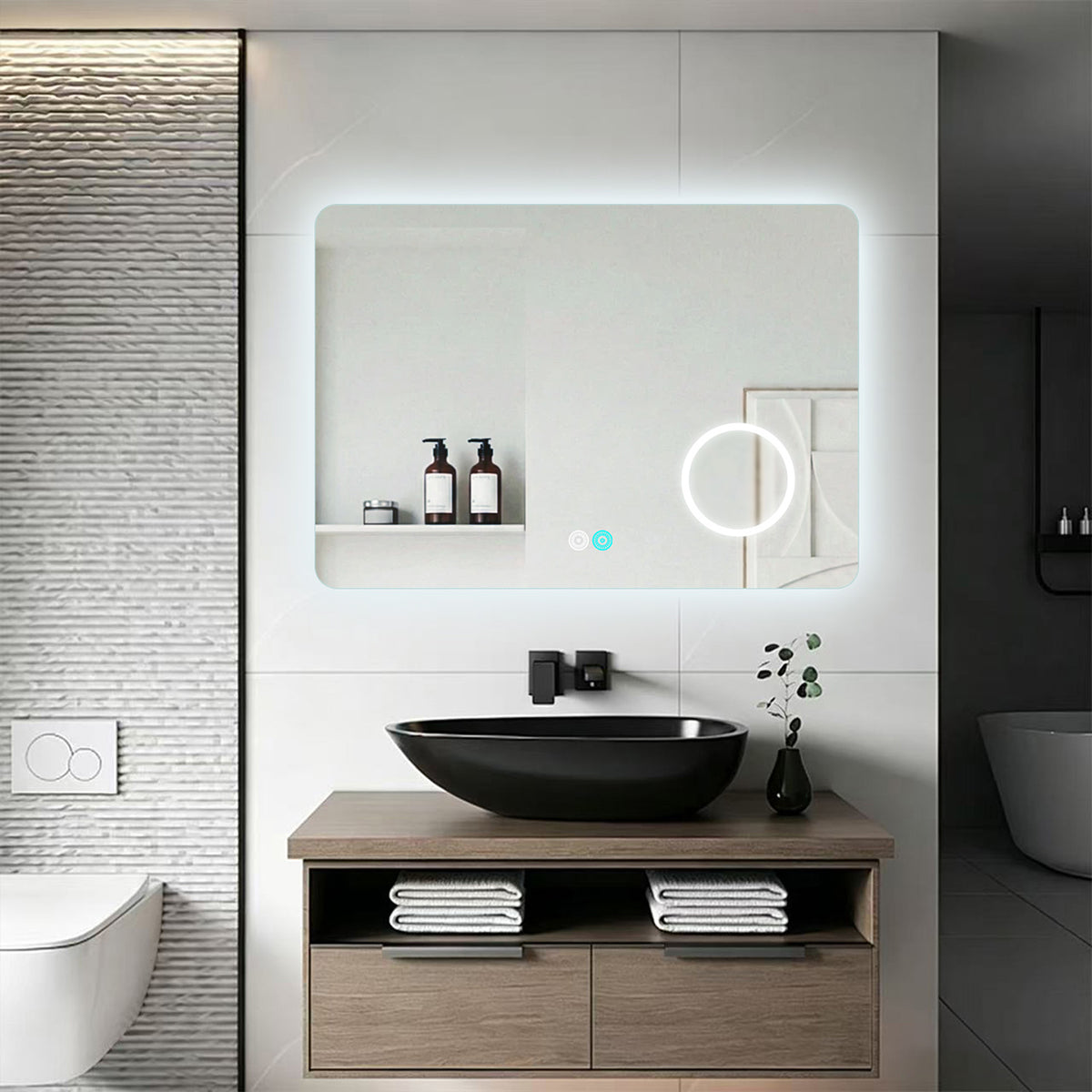 ENER-J LED Bathroom Mirror 800x600mm with 3X Magnifier – Backlit, 3 Colour Dimmable Lighting, Anti-Fog, Touch Sensor