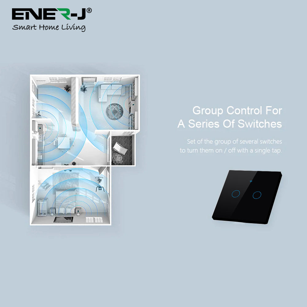 ENER-J No Neutral Wire Smart Switch – 2 Gang WiFi Switch, Alexa Compatible, Black UK Glass Panel