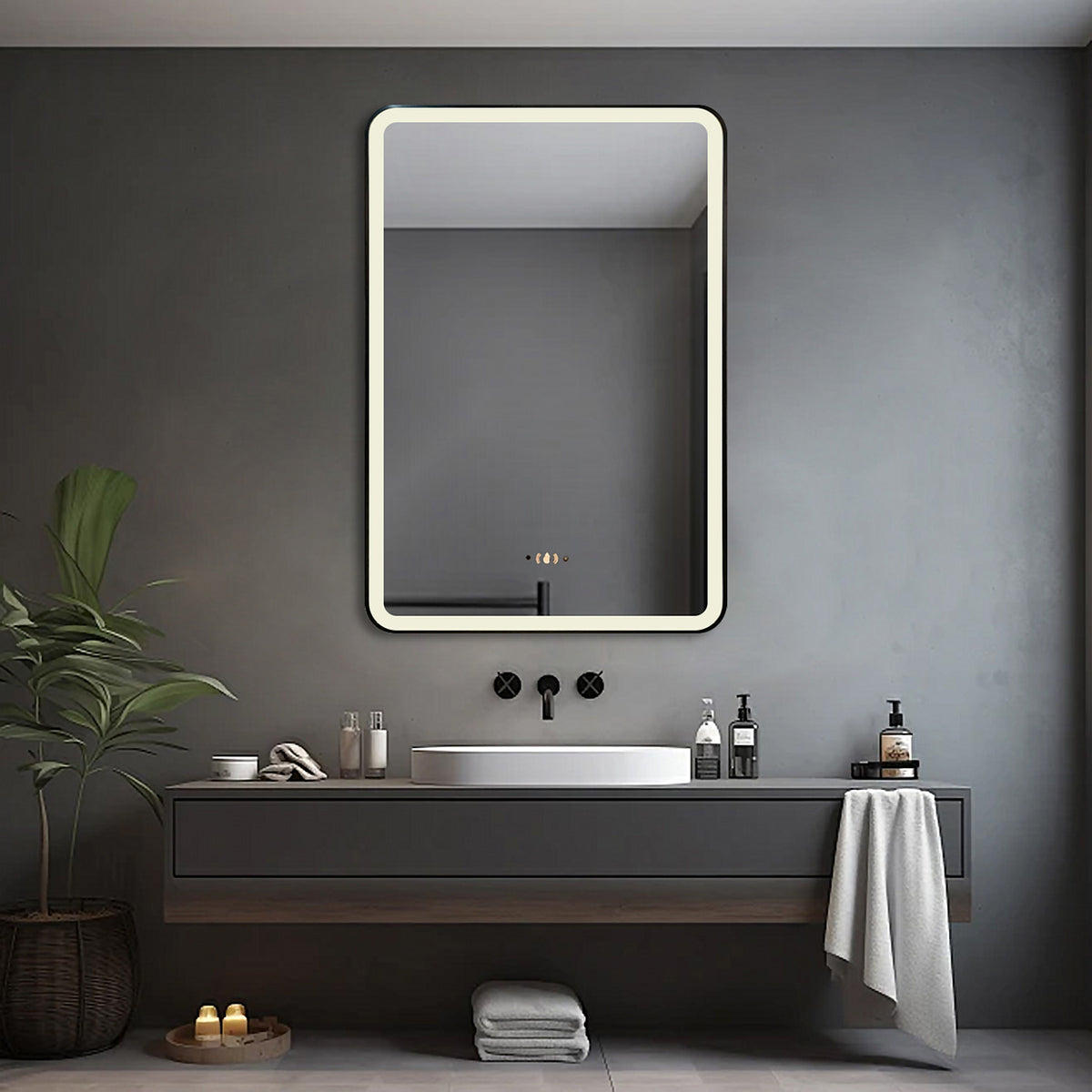 ENER-J Black Framed LED Bathroom Mirror 600x800mm – Hand Wave Sensor, 3 Colour Dimmable Front Light, Anti-Fog Demister, Aluminium Frame
