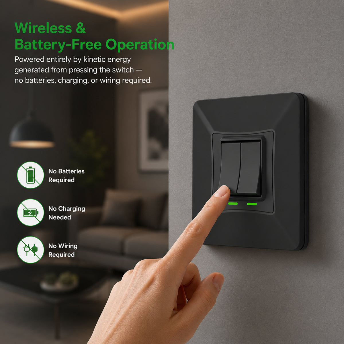 2 Gang Self-Powered Wireless Grid Switch with Backplate – Black Finish (Eco Series)