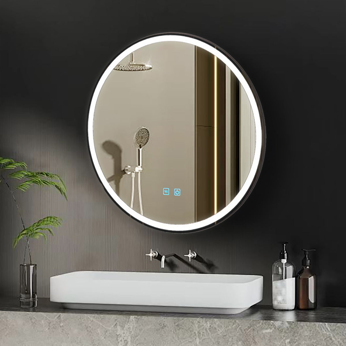 ENER-J Round LED Bathroom Mirror 700mm – Black Aluminium Frame, Backlit, 3 Colour Dimmable Light, Anti-Fog, Touch Sensor