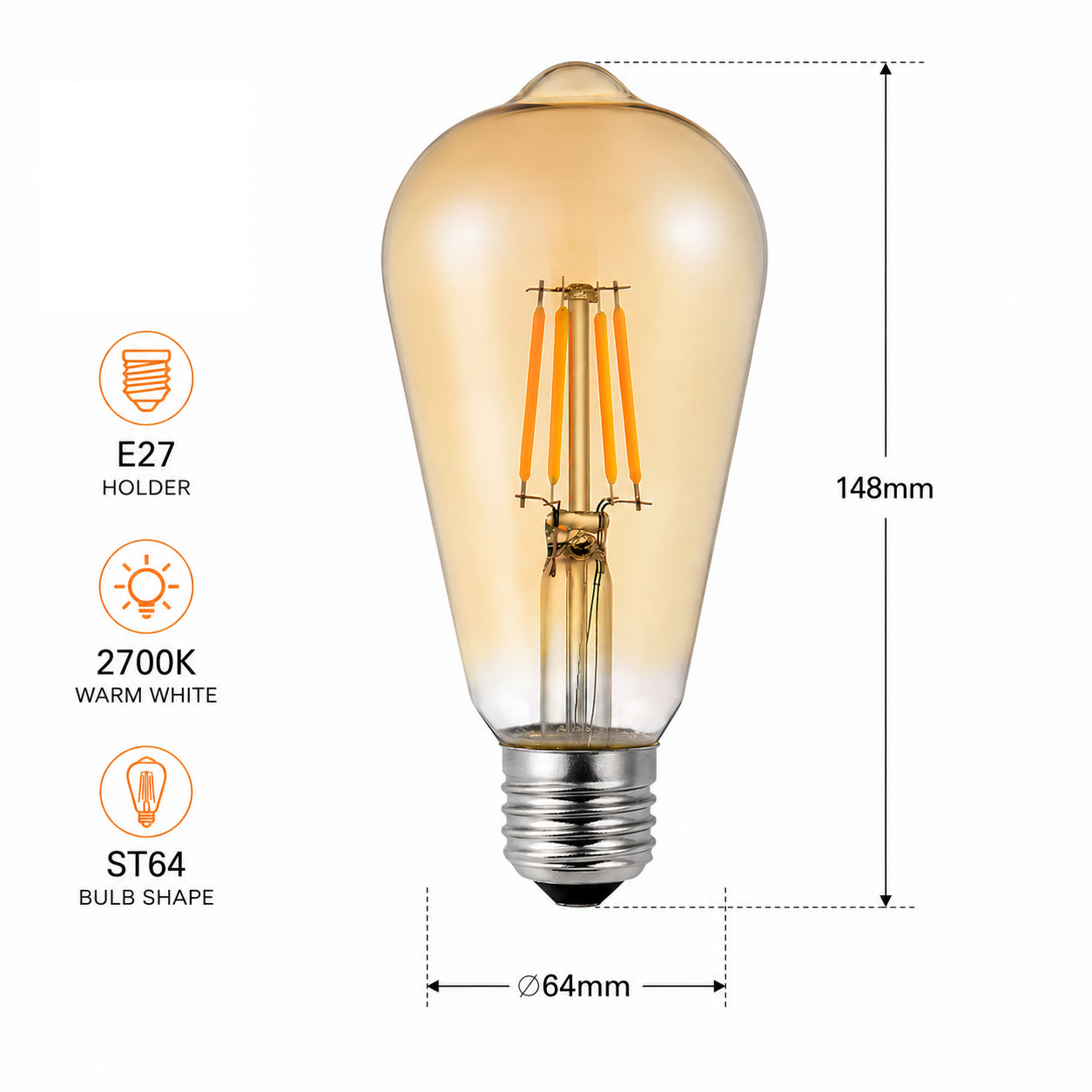4W ST64 LED Filament Squirrel Cage Retro Amber Glass, E27 Holder, 2700K-Pack of 10