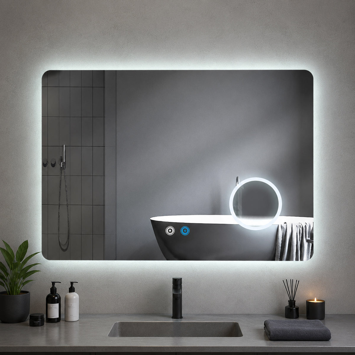 ENER-J LED Bathroom Mirror 800x600mm with 3X Magnifier – Backlit, 3 Colour Dimmable Lighting, Anti-Fog, Touch Sensor