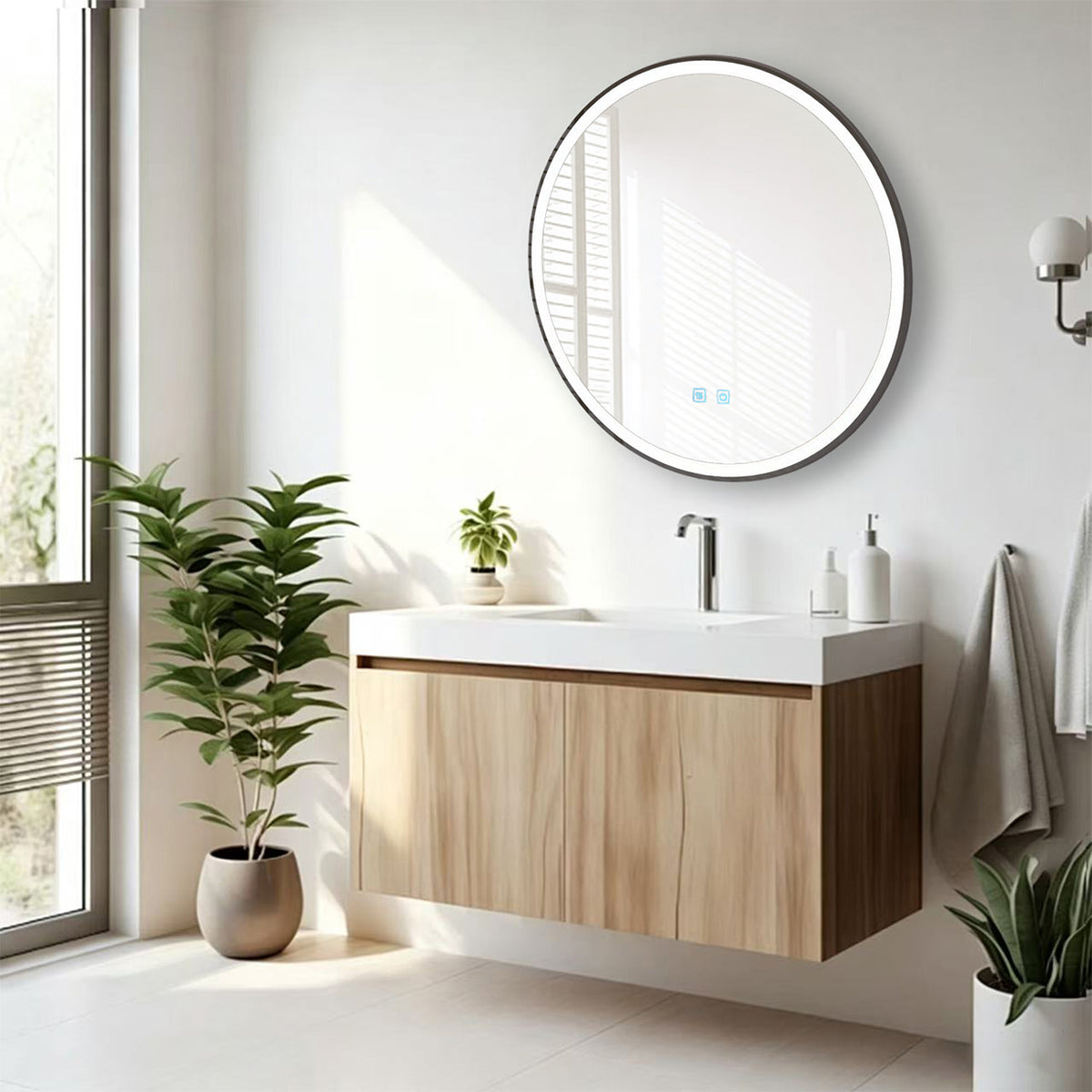 ENER-J Round LED Bathroom Mirror 700mm – Black Aluminium Frame, Backlit, 3 Colour Dimmable Light, Anti-Fog, Touch Sensor