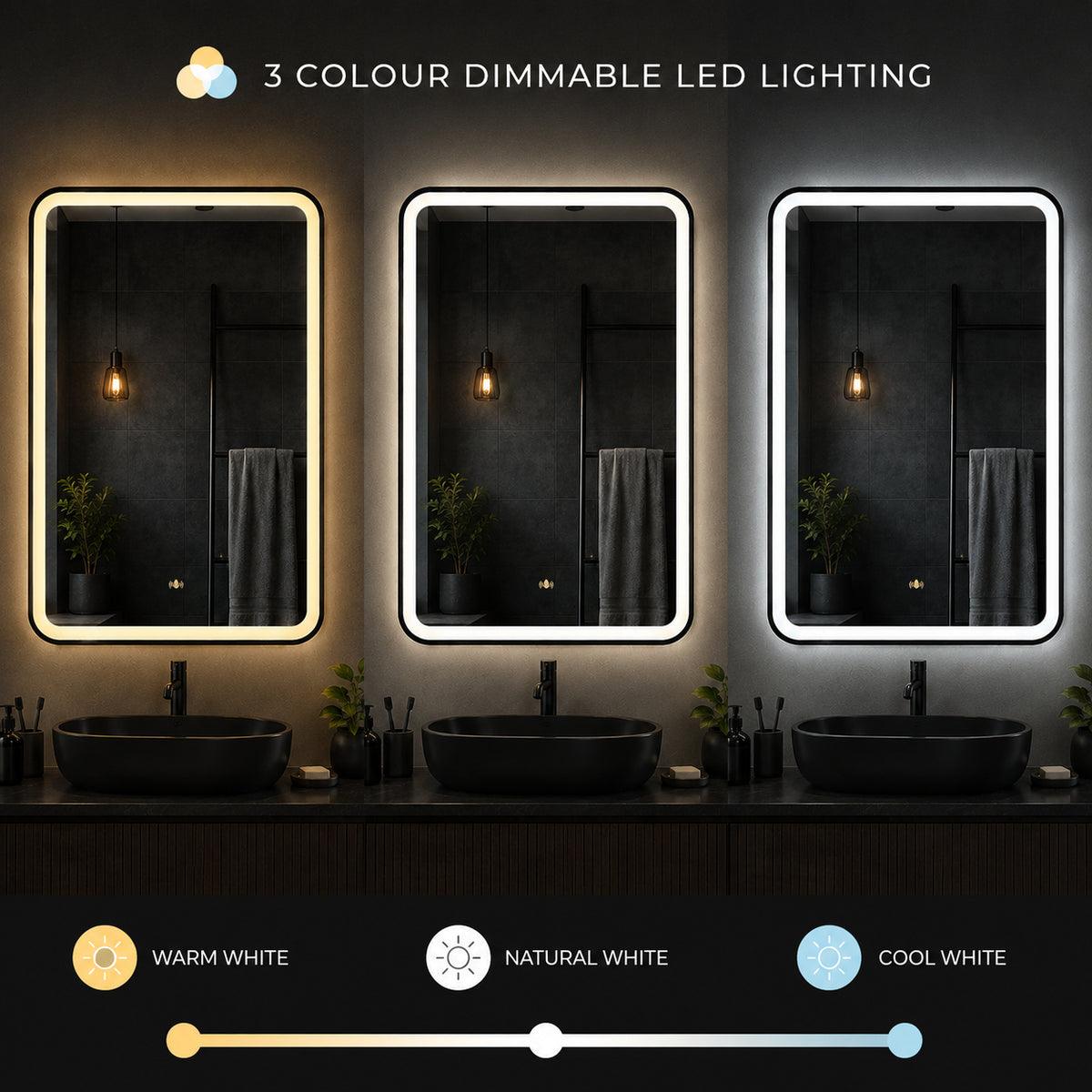 ENER-J Black Framed LED Bathroom Mirror 600x800mm – Hand Wave Sensor, 3 Colour Dimmable Front Light, Anti-Fog Demister, Aluminium Frame