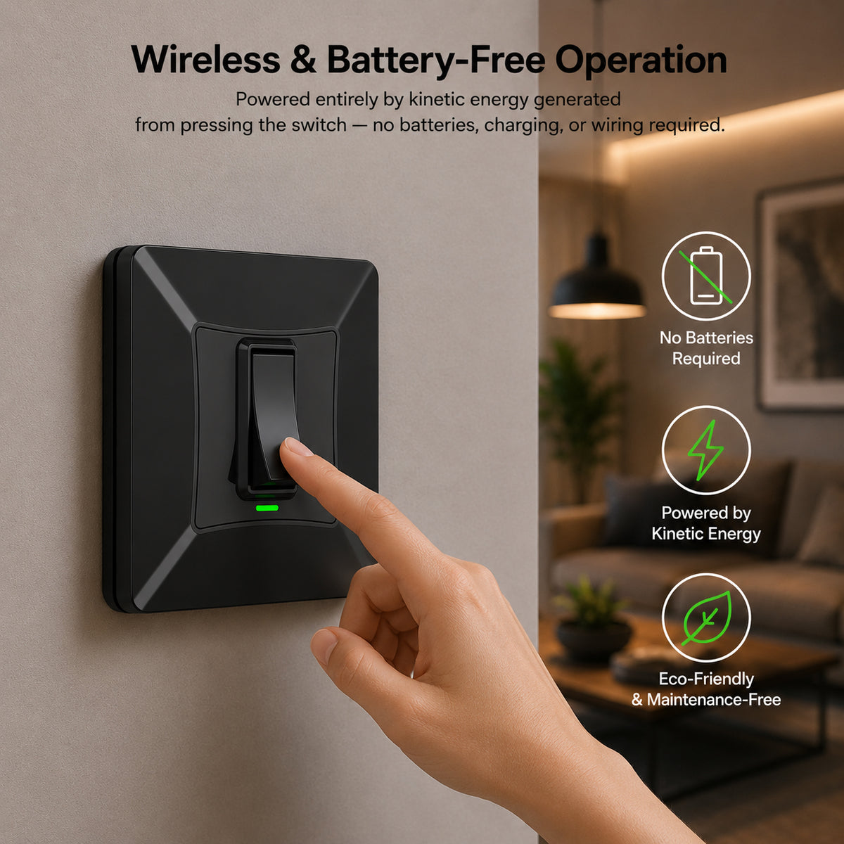 1 Gang Self-Powered Wireless Grid Switch with Backplate – Black Finish (Eco Series)