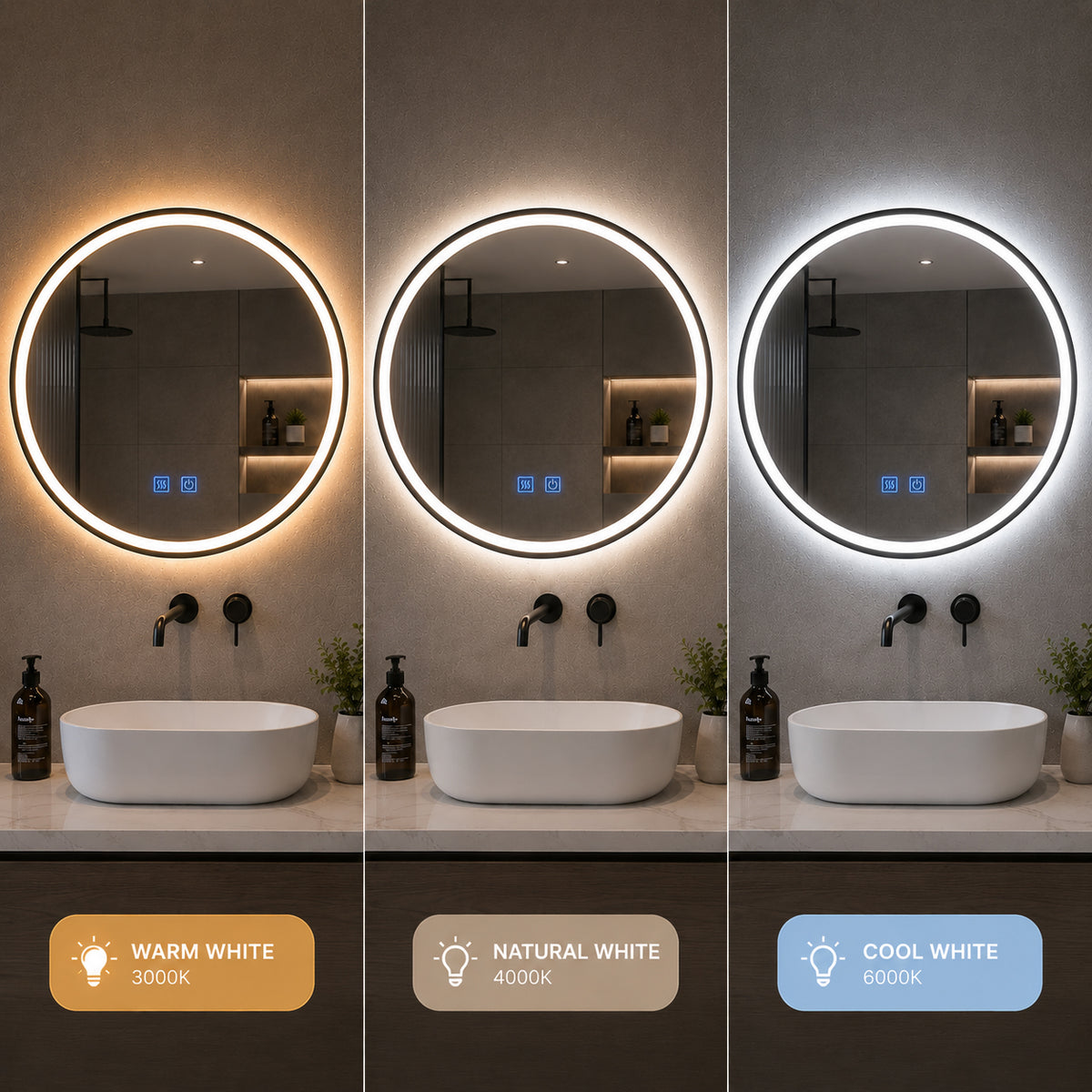 ENER-J Round LED Bathroom Mirror 700mm – Black Aluminium Frame, Backlit, 3 Colour Dimmable Light, Anti-Fog, Touch Sensor