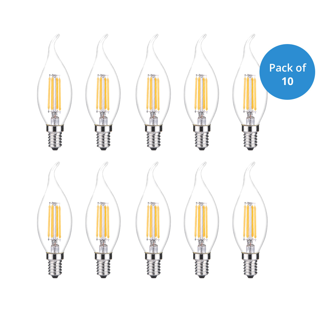 4W LED Filament Candle C35 Bulb, E14 Holder, 2700K - Pack of 10