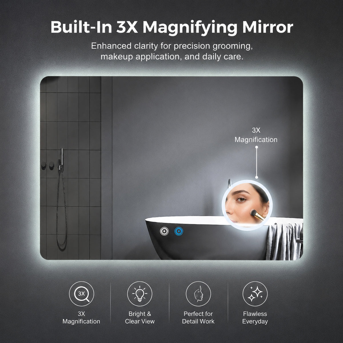 ENER-J LED Bathroom Mirror 800x600mm with 3X Magnifier – Backlit, 3 Colour Dimmable Lighting, Anti-Fog, Touch Sensor