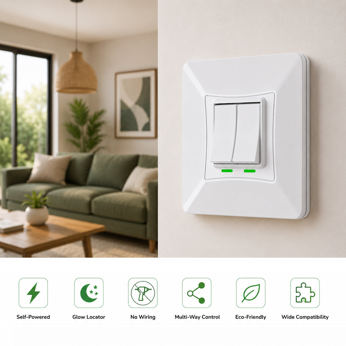 2 Gang Self-Powered Wireless Grid Switch with Backplate – White Finish (Eco Series)