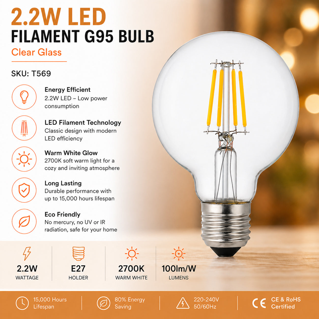 Ener-J G95 LED Filament Globe Bulb Pack of 4 E27 4W 2700K Clear
